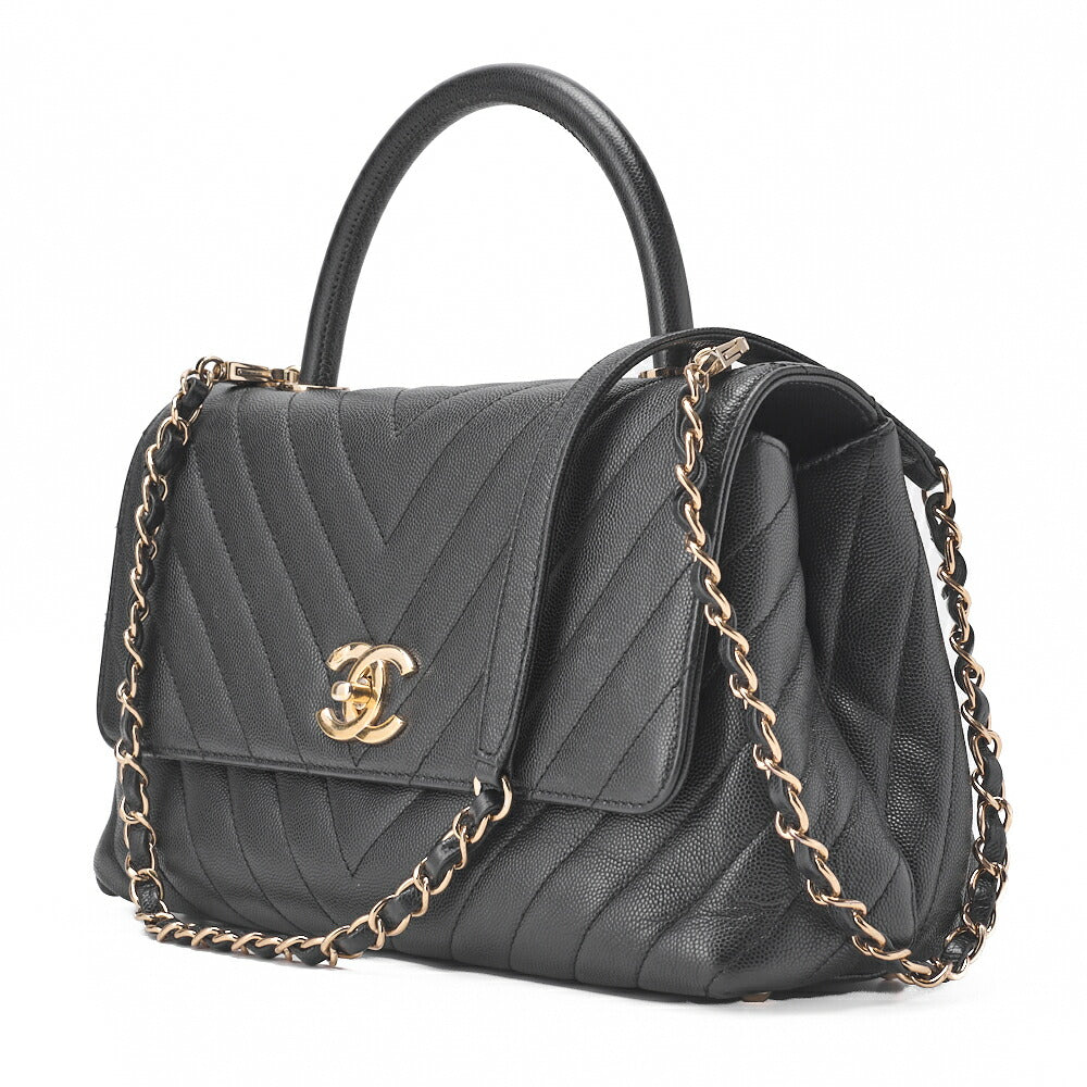 Pre-Owned Shoulder Bag 2WAY V Stitch Coco Handle Caviar Leather Black Gold-Tone Hardware Pre-Owned