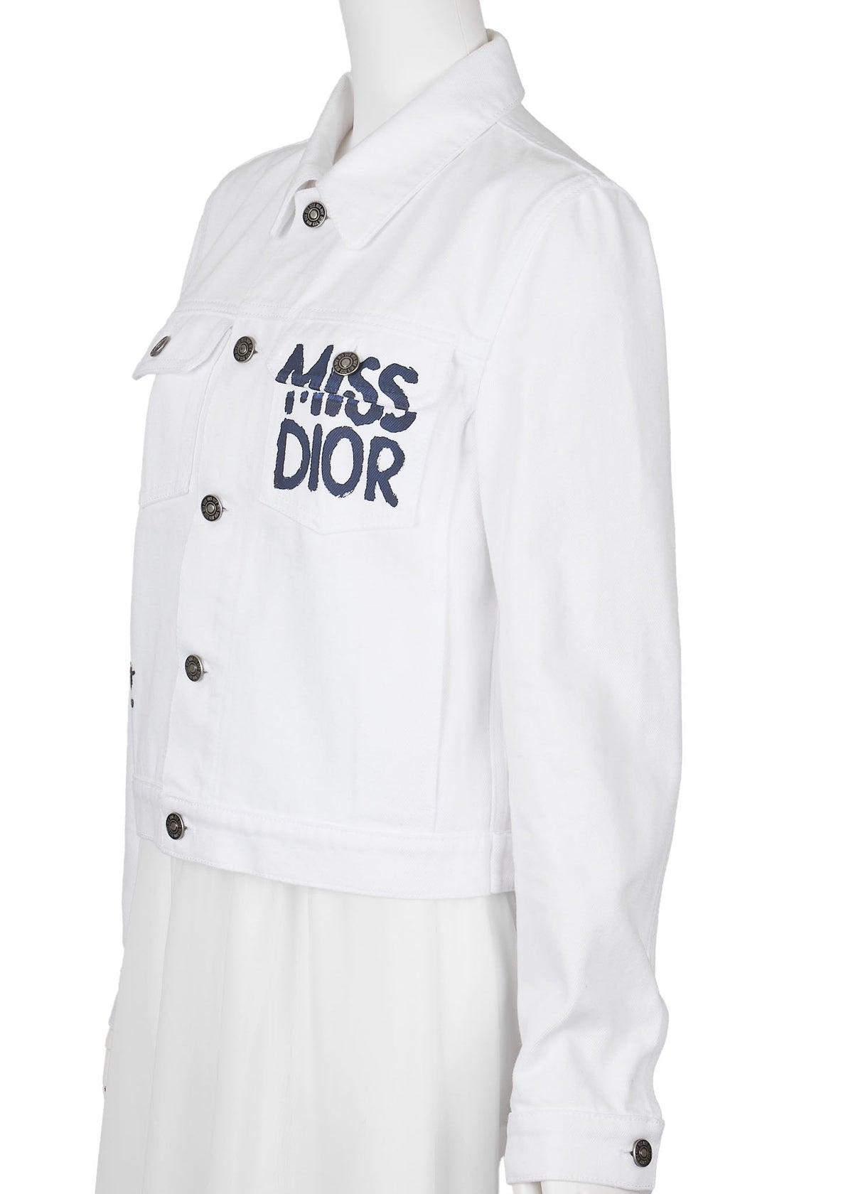 Pre-Owned Miss Jacket, Outerwear Coat, Long Sleeve, Cut-and-Sew, Cotton, White, Silver-Tone Hardware, Pre-Owned