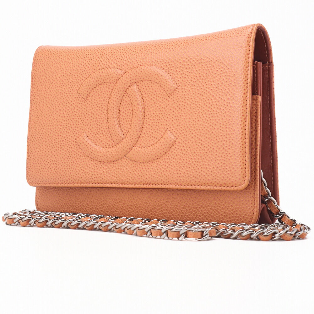 Pre-Owned Shoulder Bag Chain Wallet Caviar Skin Salmon Orange Silver-Tone Hardware Pre-Owned