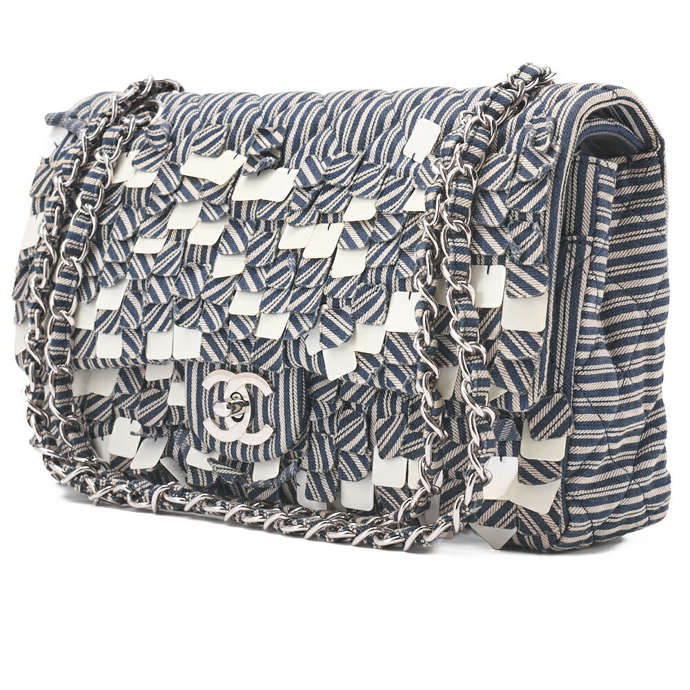 Pre-Owned Shoulder Bag Matelasse Double Flap Cotton Navy Silver-Tone Hardware Pre-Owned
