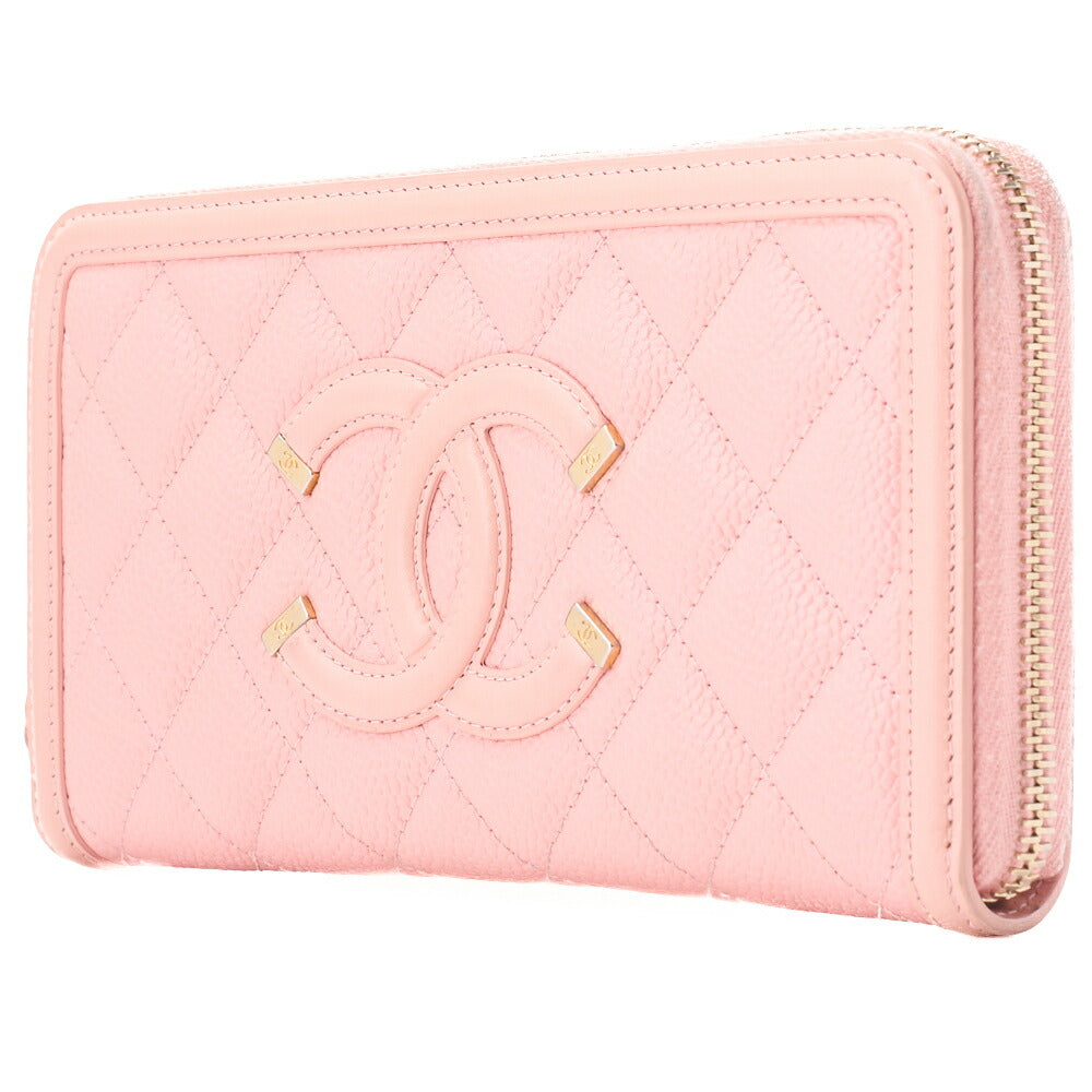 Pre-Owned Long Wallet, Matelasse CC Filigree, Caviar Skin, Pink, Gold-Tone Hardware, Pre-Owned