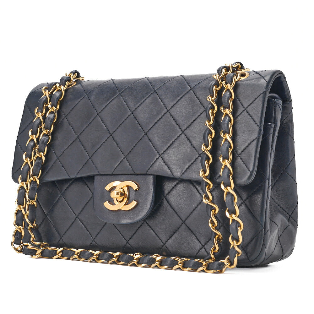 Pre-Owned Shoulder Bag Matelasse Double Flap Lambskin Navy Gold-Tone Hardware Pre-Owned