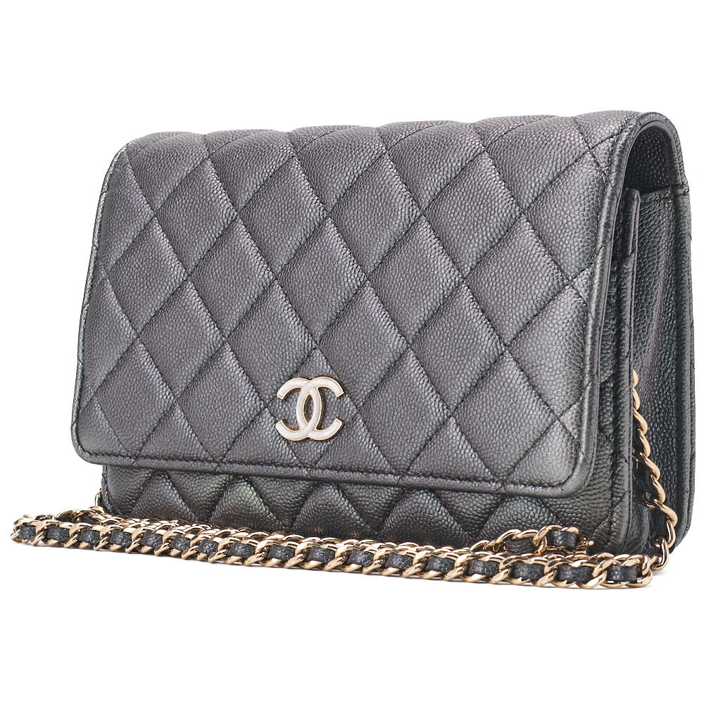 Pre-Owned Chain Wallet Matelasse Caviar Leather Sparkle Black Gold-Tone Hardware Pre-Owned