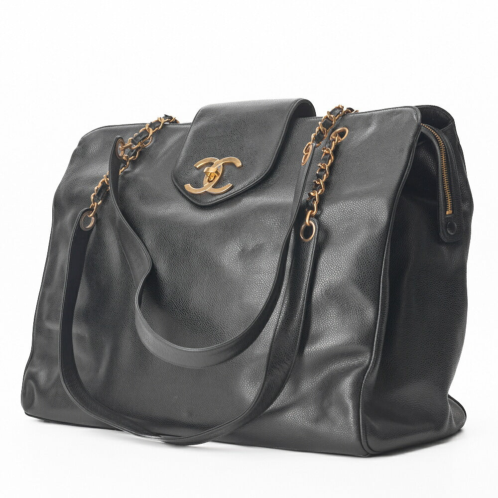 Pre-Owned Shoulder Bag Supermodel Coco Mark Deca Coco Double Chain Shoulder Caviar Skin Black Gold-Tone Hardware Pre-Owned