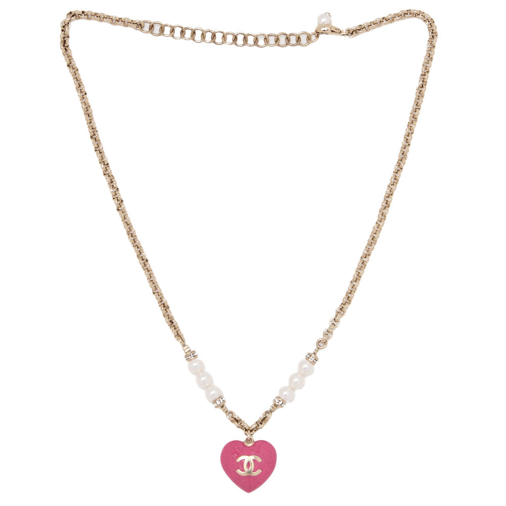 Gebrauchte Halskette, Coco Mark Herz, vergoldet, rosa, goldfarbene Hardware, gebraucht
