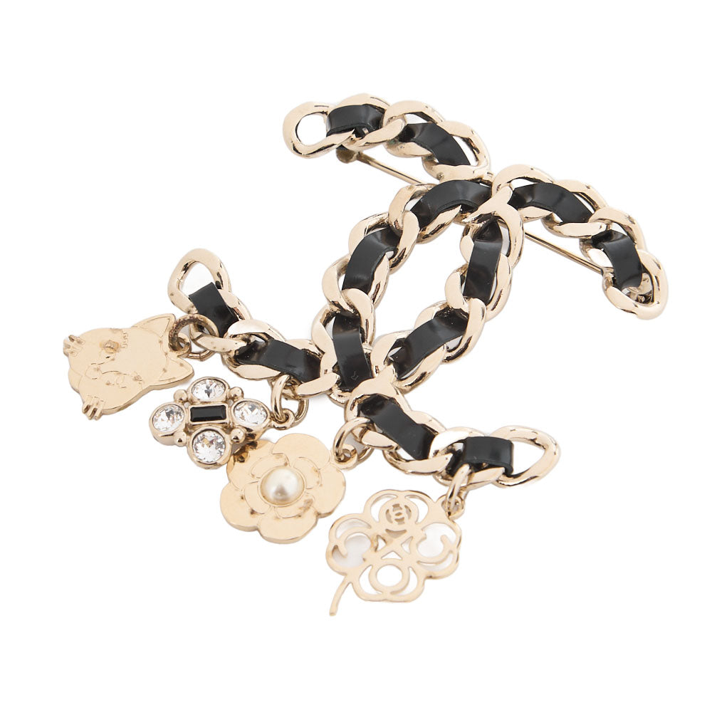 Pre-Owned Brooch, Coco Mark Leather Charm, Gold-Plated, Gold, Gold-Tone Hardware, Pre-Owned
