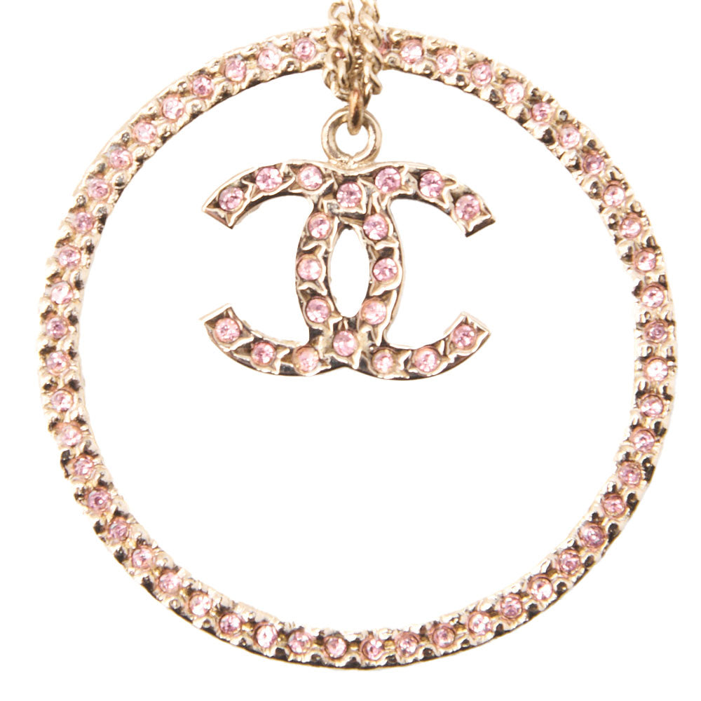 Pre-Owned Necklace, Coco Mark Circle, Rhinestone, Gold Plated, Pink, Gold-Tone Hardware, Pre-Owned