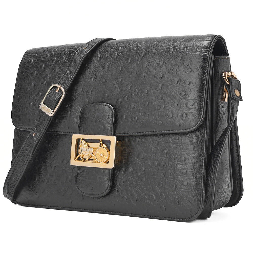 Pre-Owned Shoulder Bag Boston Bag Carriage Leather Ostrich Black Gold-Tone Hardware Pre-Owned