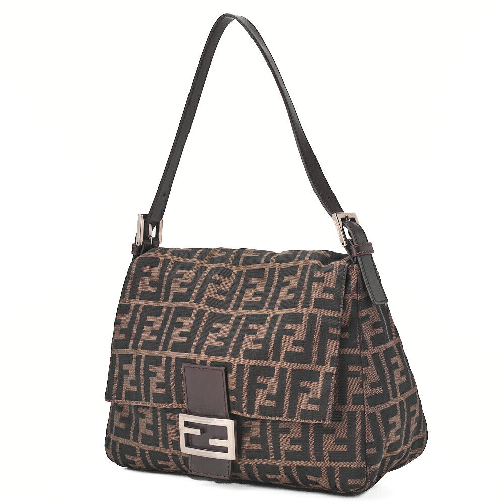 Pre-Owned Shoulder Bag Zucca Flap Canvas Leather Brown Silver-Tone Hardware Pre-Owned