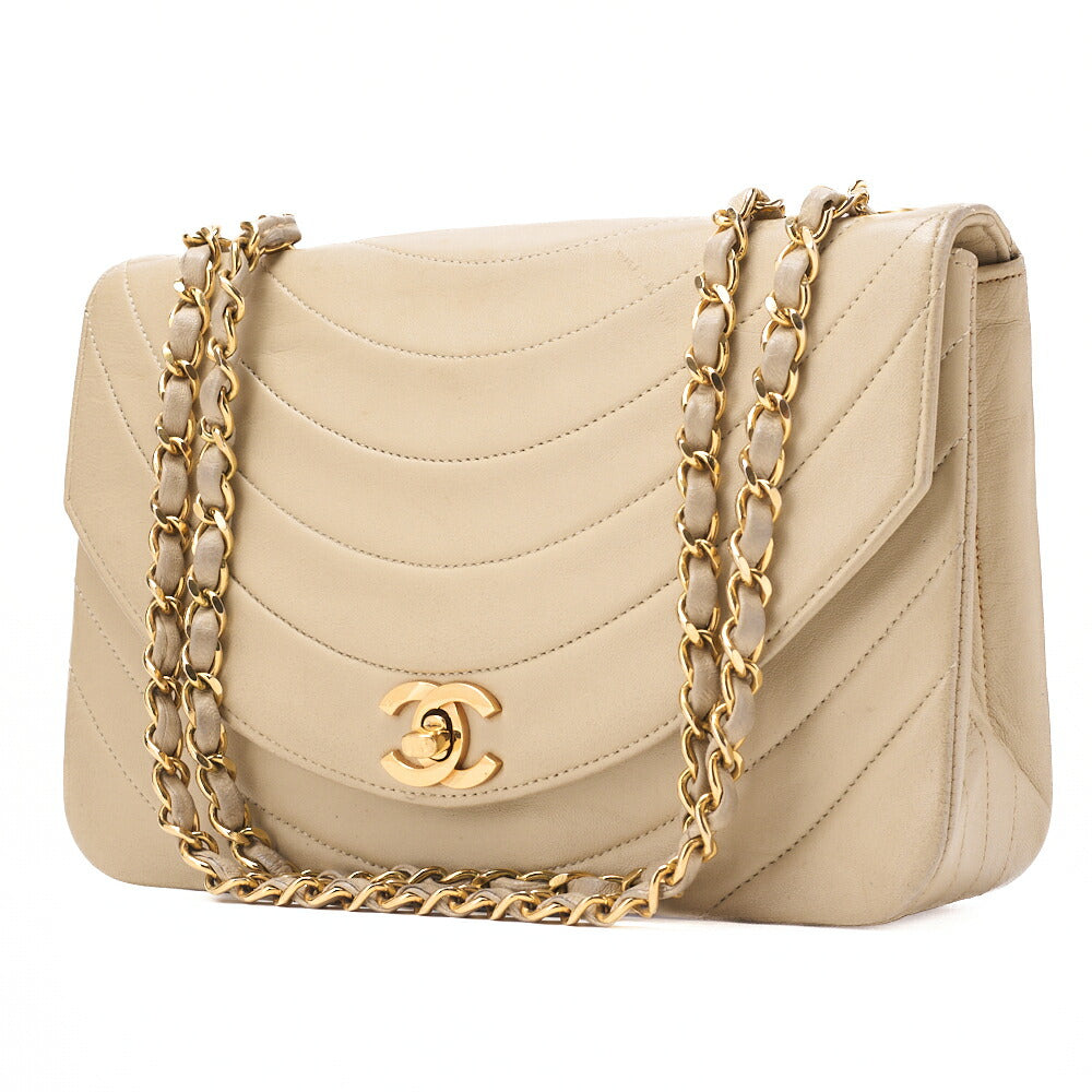 Pre-Owned Shoulder Bag Matelasse Border Stitch Chain Shoulder Lambskin Beige Gold-Tone Hardware Pre-Owned