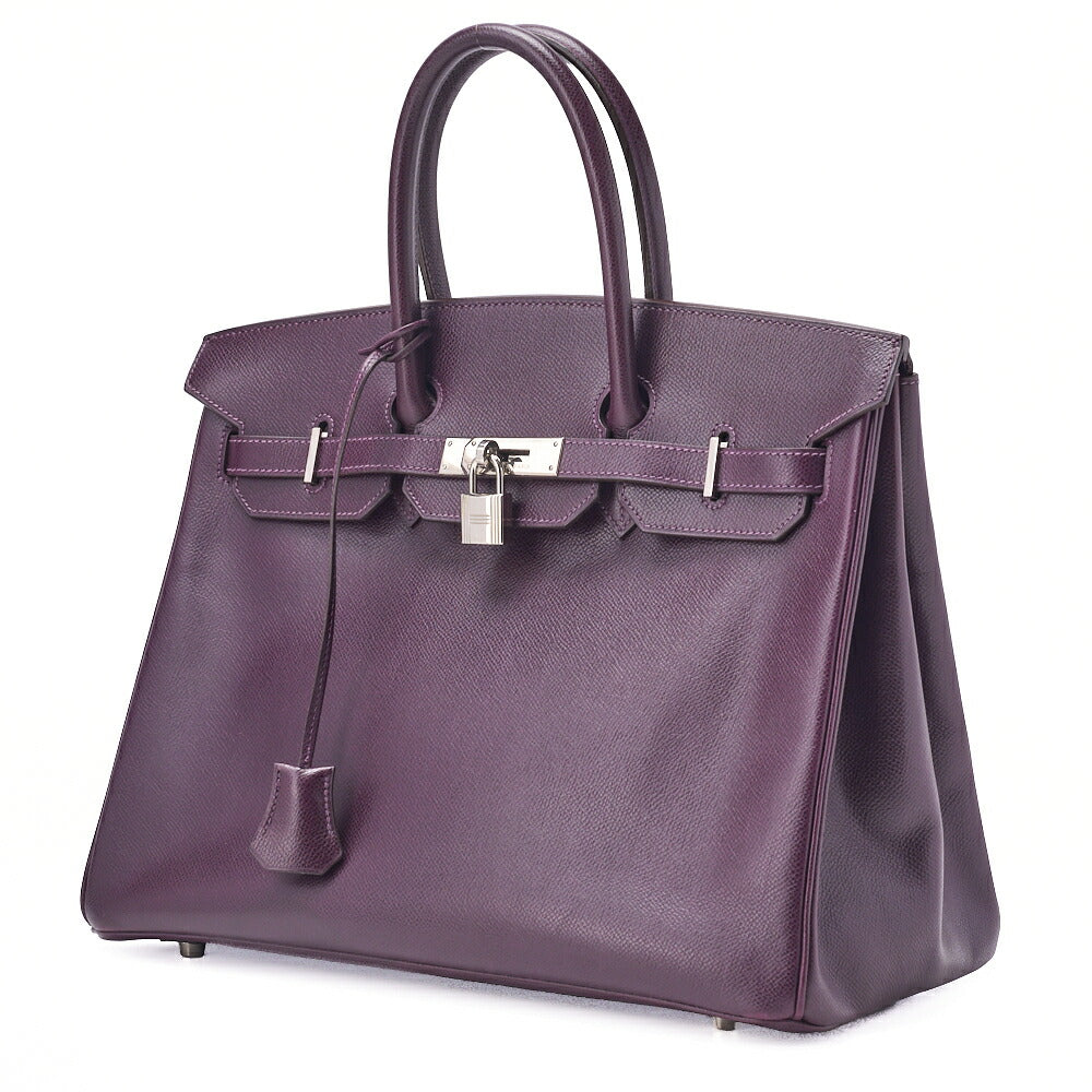 Sac à main Birkin 35 d'occasion, fourre-tout Epson Raisin Silva, ferrures métalliques dorées.