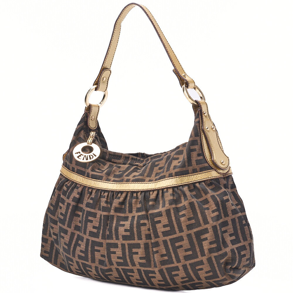 Pre-Owned Shoulder Bag, Zucca Canvas Leather, Brown, Gold-Tone Hardware, Pre-Owned