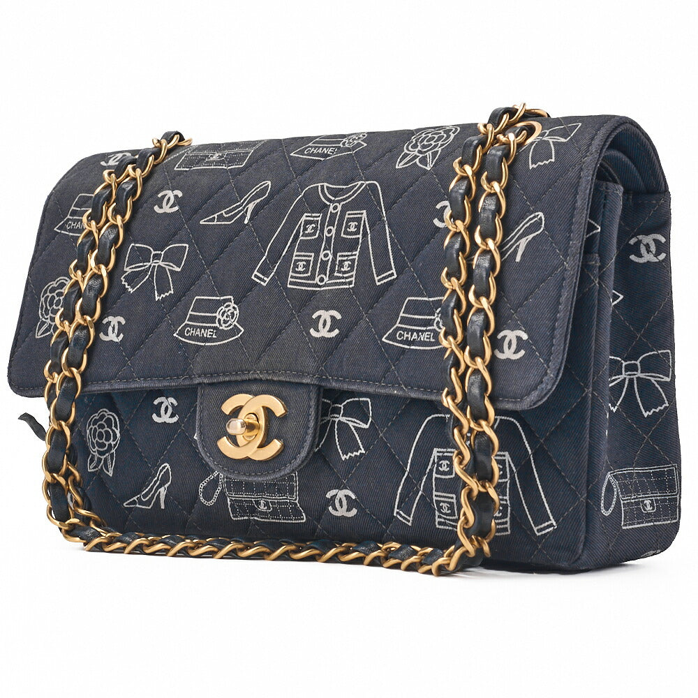 Pre-Owned Shoulder Bag, Matelasse W Flap 25 Icon Print, Canvas, Black, Gold-Tone Hardware, Pre-Owned