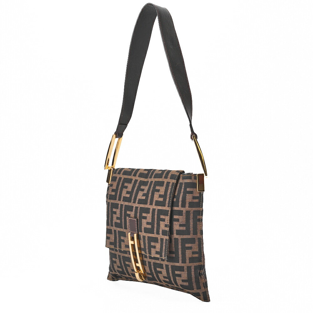 Pre-Owned Shoulder Bag Zucca Flap Canvas Leather Brown Silver-Tone Hardware Pre-Owned