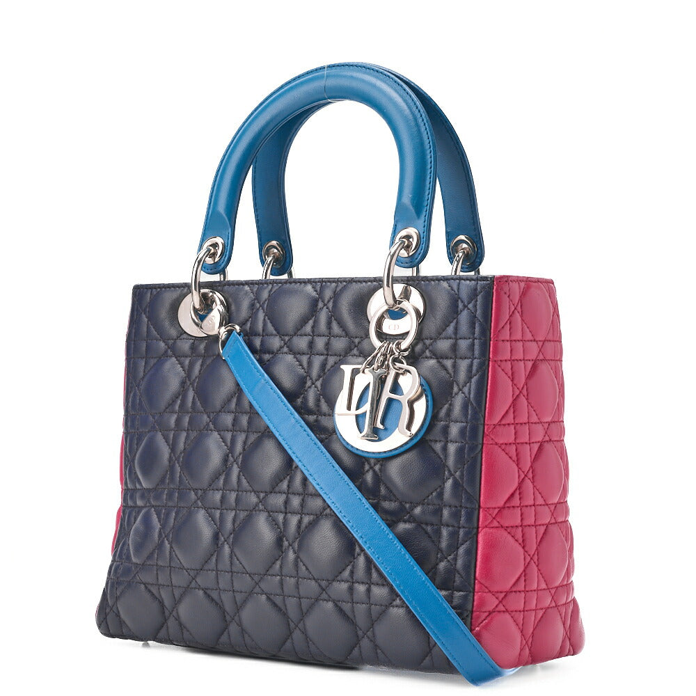 Pre-Owned Lady Handbag Cannage Lambskin Multicolor Navy Gold-Tone Hardware Pre-Owned