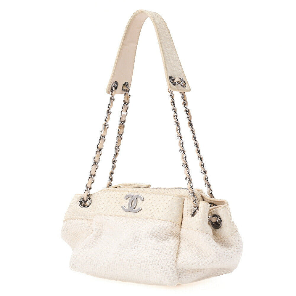 Pre-Owned Shoulder Bag, Coco Mark, Chain Shoulder, Cotton Python, White, Silver-Tone Hardware, Pre-Owned