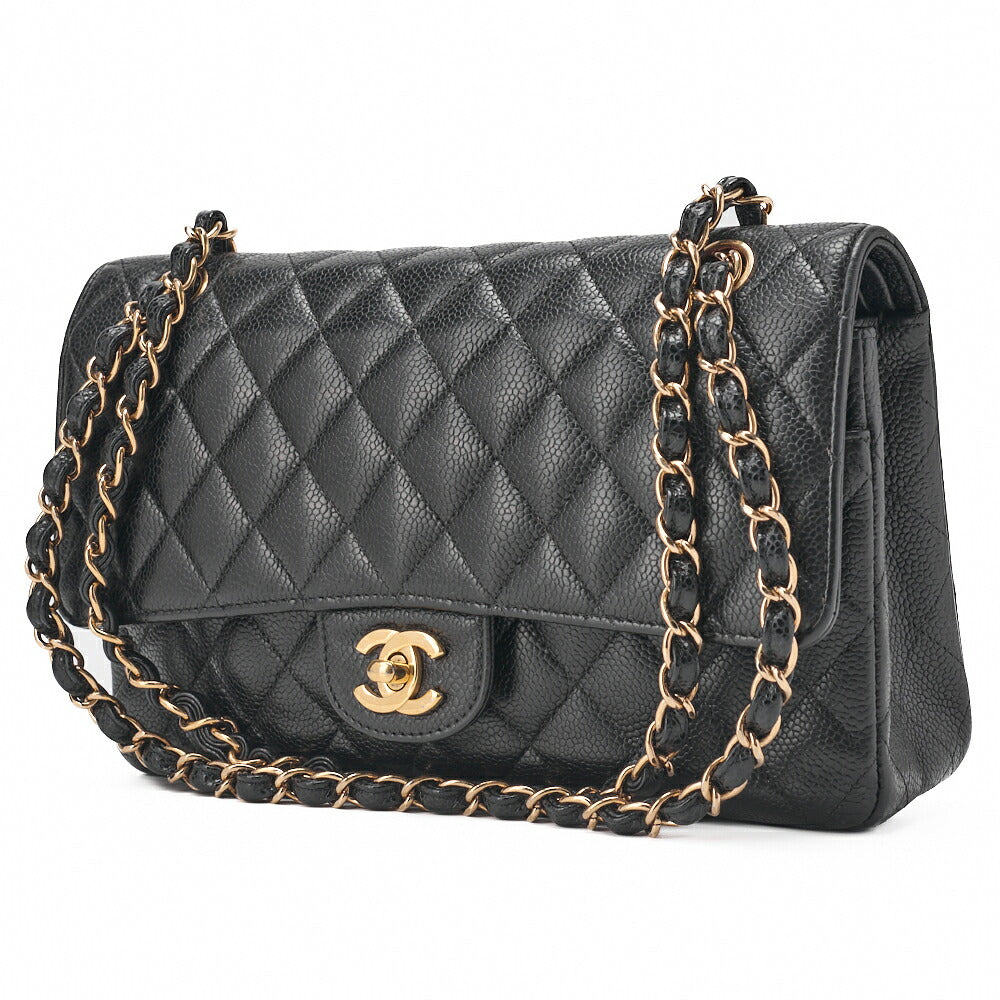 Sac bandoulière chaîne matelassé d'occasion, double rabat, cuir caviar noir, quincaillerie dorée.