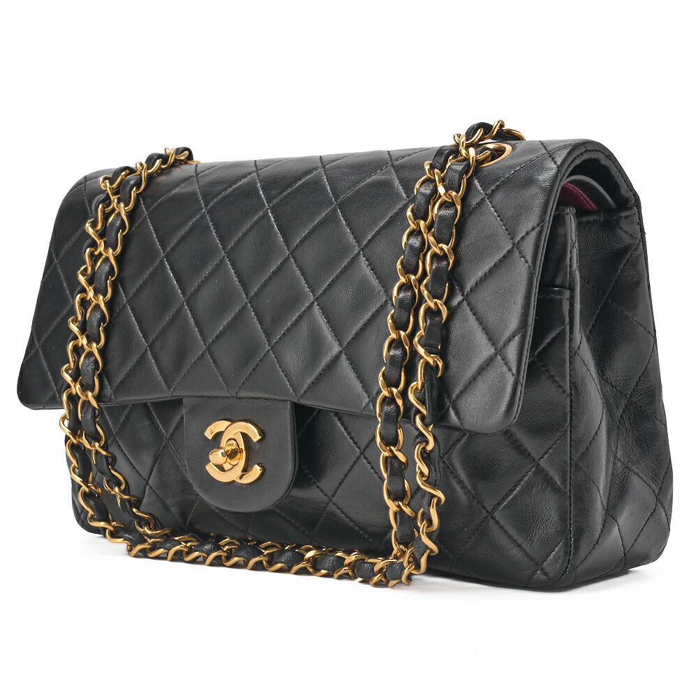 Sac bandoulière chaîne matelassé à double rabat, 25 cm, cuir d'agneau noir, accessoires dorés, d'occasion