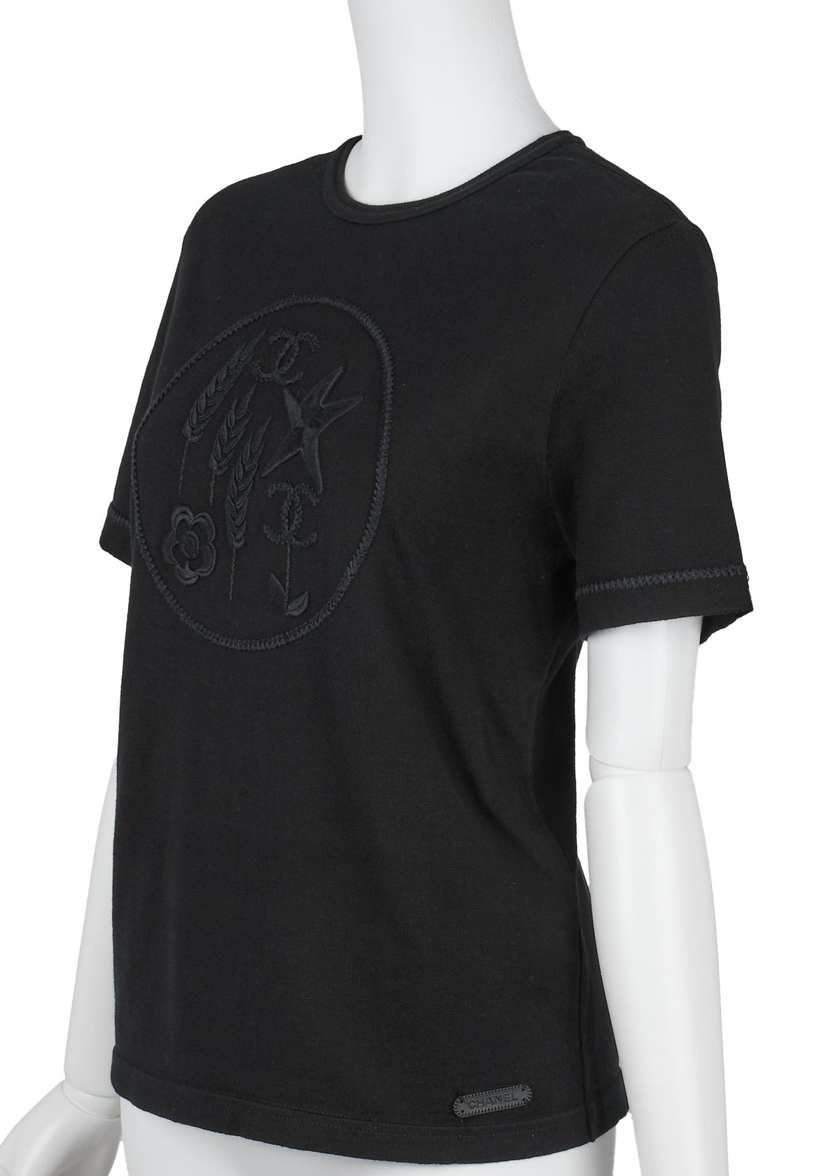 Pre-Owned T-shirt, Coco Mark Star Embroidery, Short Sleeve, Cotton, Black, Gold-Tone Hardware, Pre-Owned