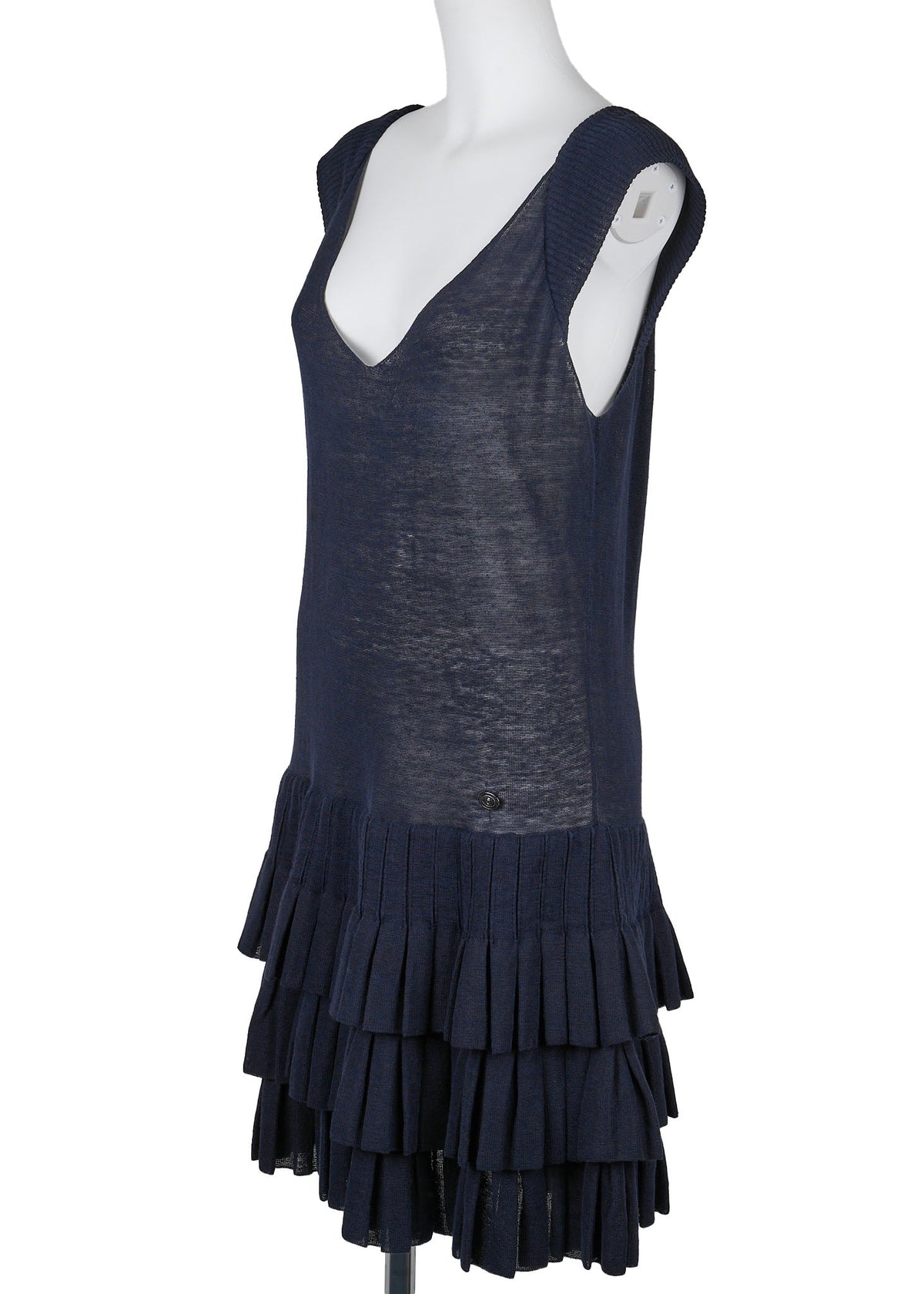 Pre-Owned Dress, Ruffle, Knit, Linen, Navy, Gold-Tone Hardware, Pre-Owned