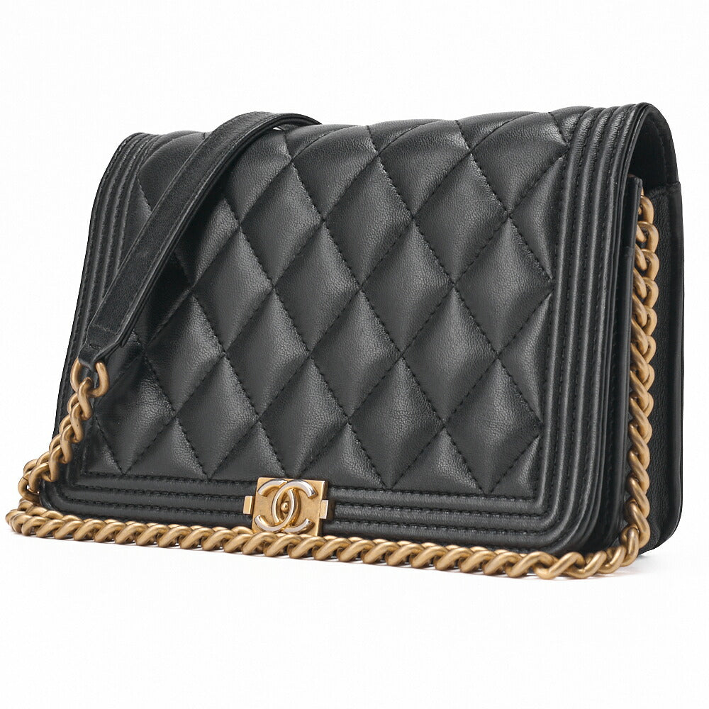 Pre-Owned Boy Matelasse Chain Wallet Lambskin Black Gold-Tone Hardware Pre-Owned