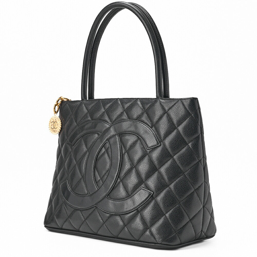 Sac fourre-tout d'occasion, réimpression matelassée, cuir caviar, noir, finitions dorées, d'occasion