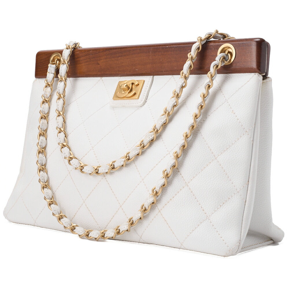 Sac à bandoulière d'occasion matelassé Coco Mark Wood Gamaguchi Caviar Skin Blanc Quincaillerie dorée d'occasion