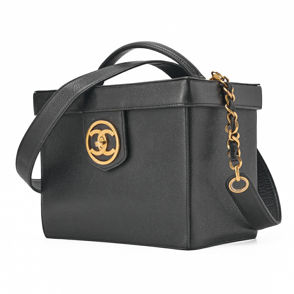 Sac à main Vanity d'occasion, matelassé, 2 voies, cuir caviar, noir, finitions dorées, d'occasion