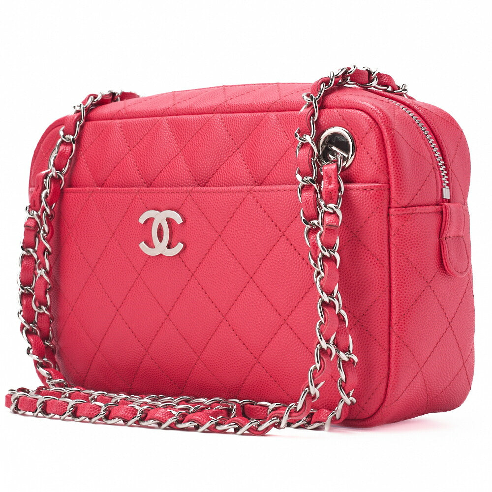 Sac à bandoulière chaîne matelassé en cuir caviar rose, matériel argenté, d'occasion