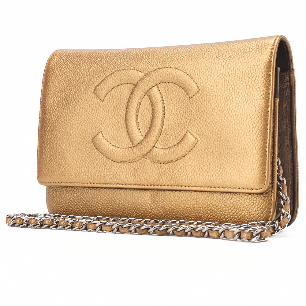Pre-Owned Chain Wallet, Coco Mark, Caviar Skin, Gold, Gold-Tone Hardware, Pre-Owned