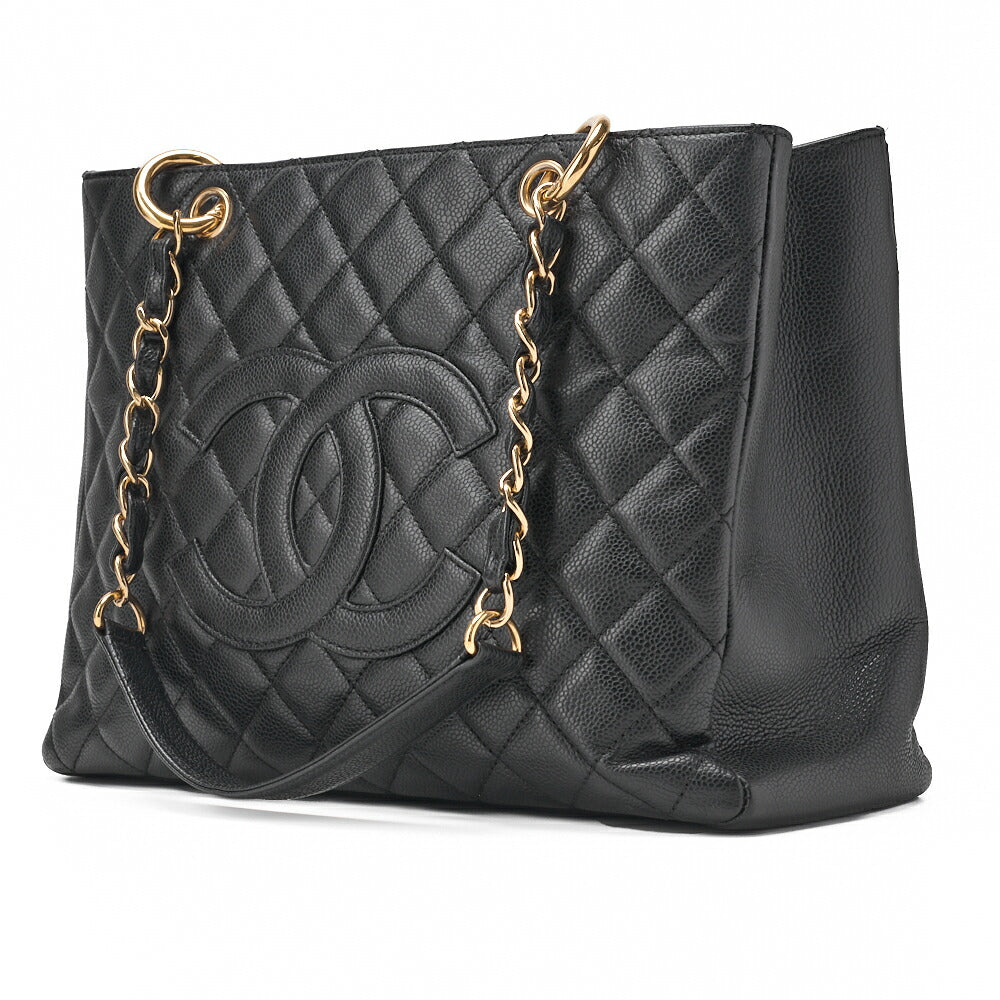 Sac bandoulière matelassé en cuir caviar noir, matériel doré, d'occasion