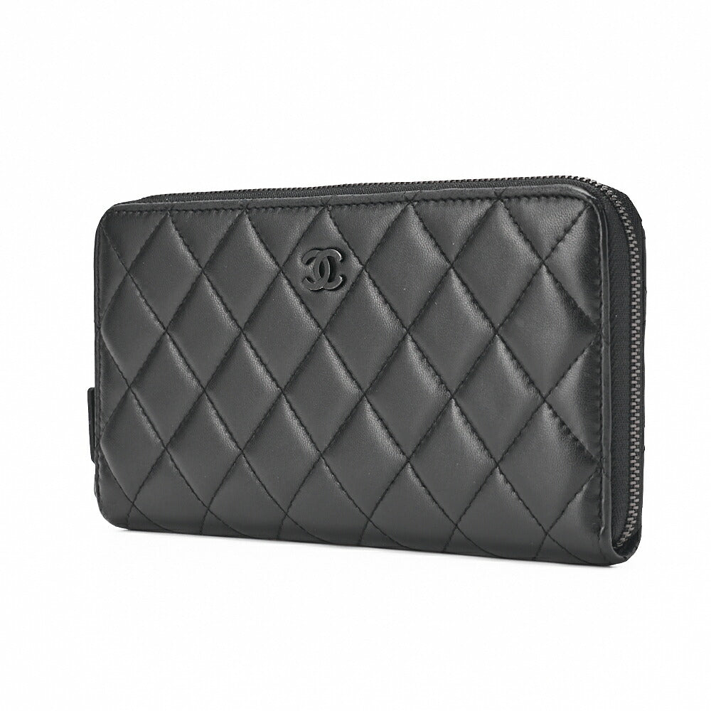 Pre-Owned Long Wallet Matelasse Lambskin Black Gold-Tone Hardware Pre-Owned