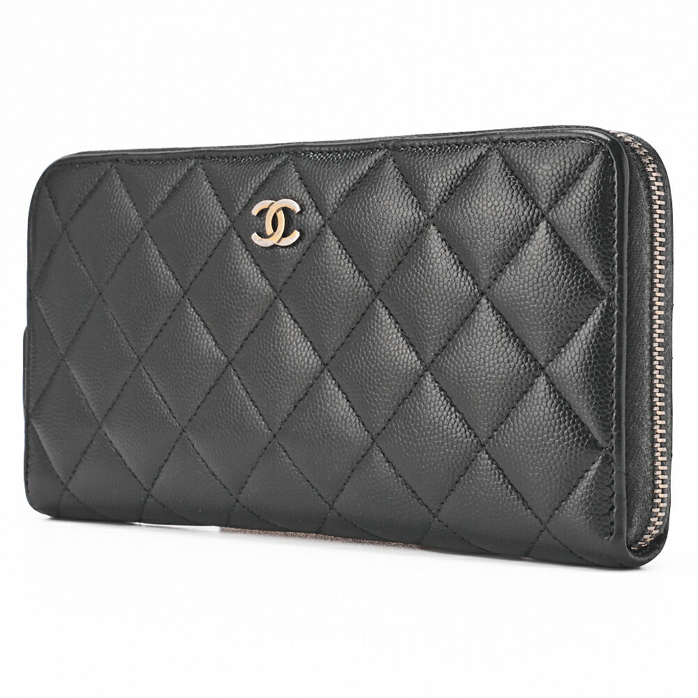 Pre-Owned Long Wallet, Matelasse, Caviar Skin, Black, Gold-Tone Hardware, Pre-Owned