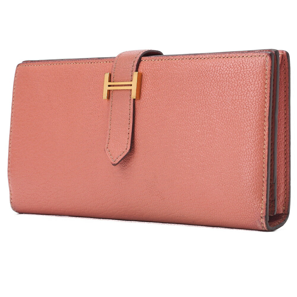 Pre-Owned Bairn Classic Bi-fold Long Wallet Chèvre Crevette Pink Gold-Tone Hardware Pre-Owned