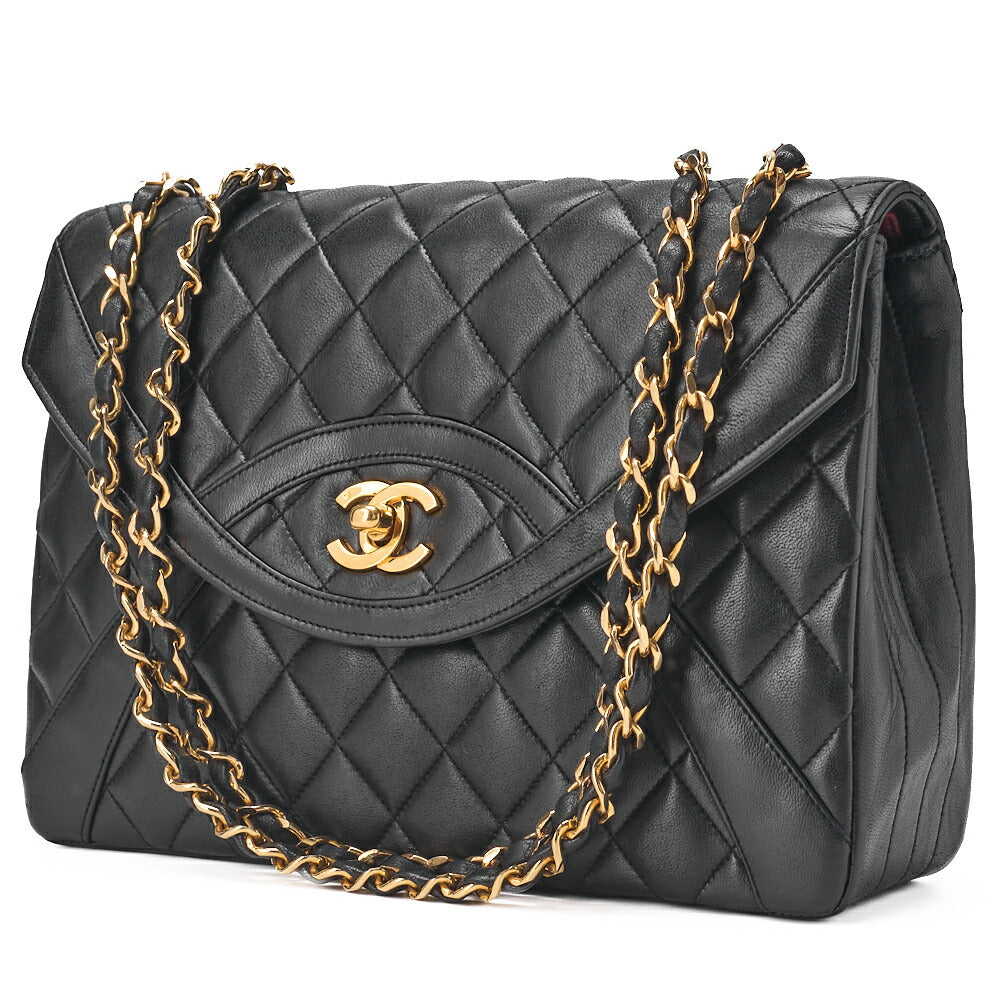Sac bandoulière d'occasion, matelassé, fermoir pivotant, cuir d'agneau, noir, finitions dorées.
