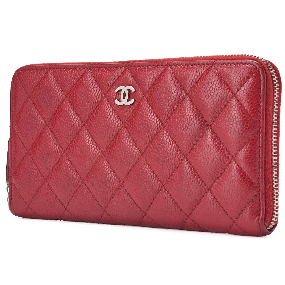 Pre-Owned Round Wallet Matelasse Caviar Leather Red Silver-Tone Hardware Pre-Owned