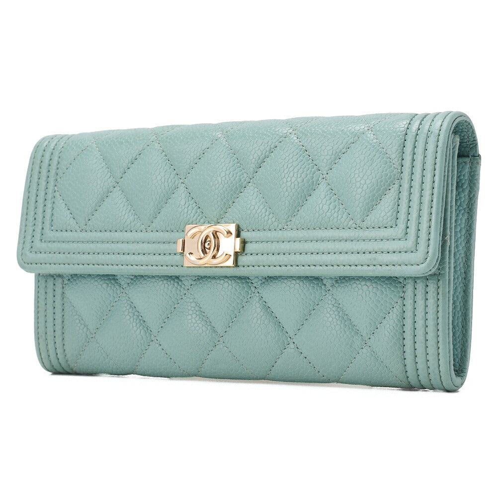 Pre-Owned Boy Matelasse Bi-Fold Long Wallet Caviar Skin Mint Green Gold-Tone Hardware Pre-Owned