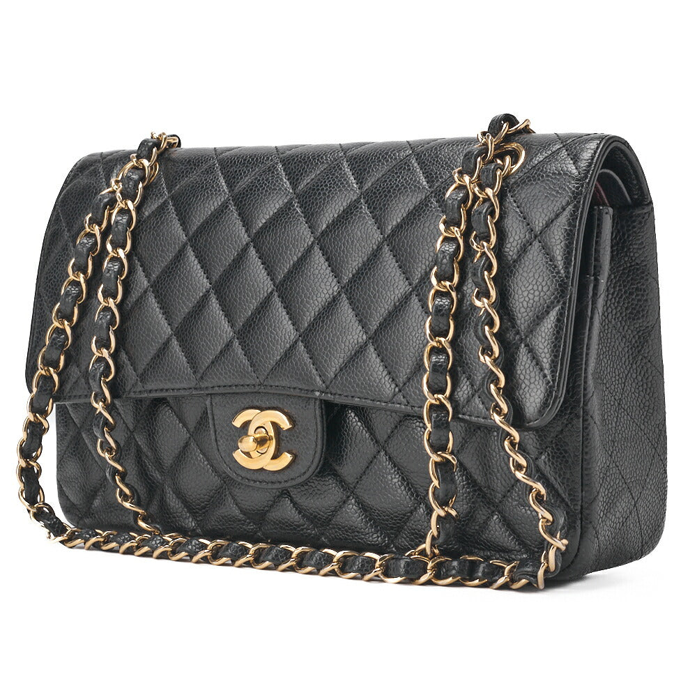 Sac bandoulière d'occasion, double rabat matelassé, fermoir pivotant, cuir caviar, noir, finitions dorées, d'occasion