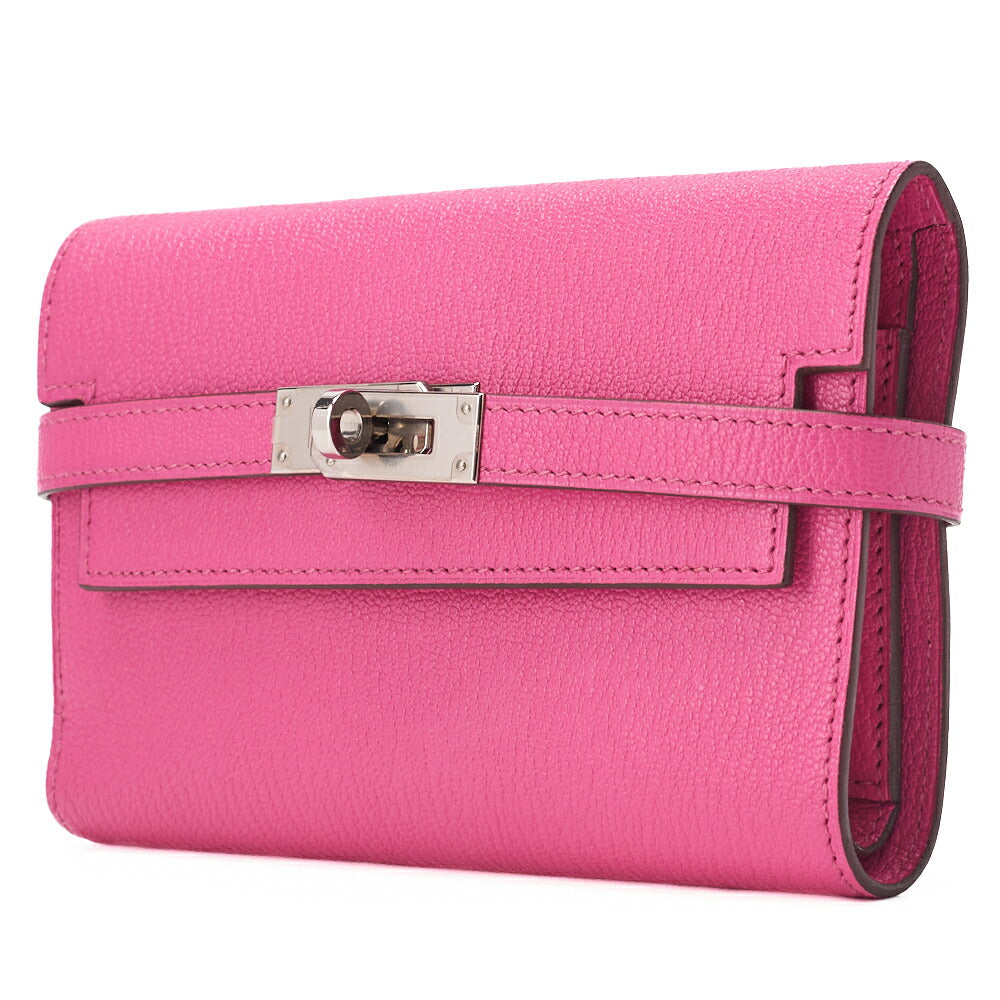 Pre-Owned Kelly Wallet Two-Fold Long Wallet Medium Chevrum Mizol Rose Tyrien Silver-Tone Hardware Pre-Owned