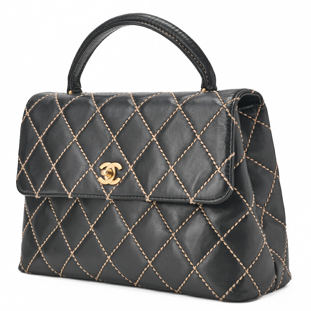 Sac fourre-tout d'occasion, Coco Mark Wild Stitch, fermoir tournant, cuir de veau, noir, finitions dorées, d'occasion