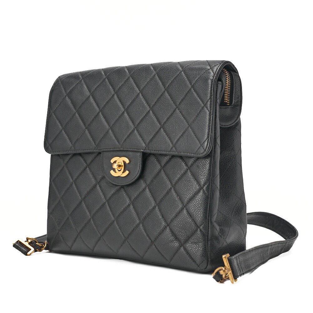 Sac à dos à chaîne d'occasion, matelassé, fermoir pivotant, cuir caviar, noir, accessoires dorés, d'occasion