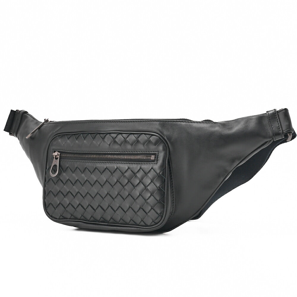 Pre-Owned Veneta Messenger Bag Waist Pouch Intrecciato Lambskin Black Gold-Tone Hardware Pre-Owned