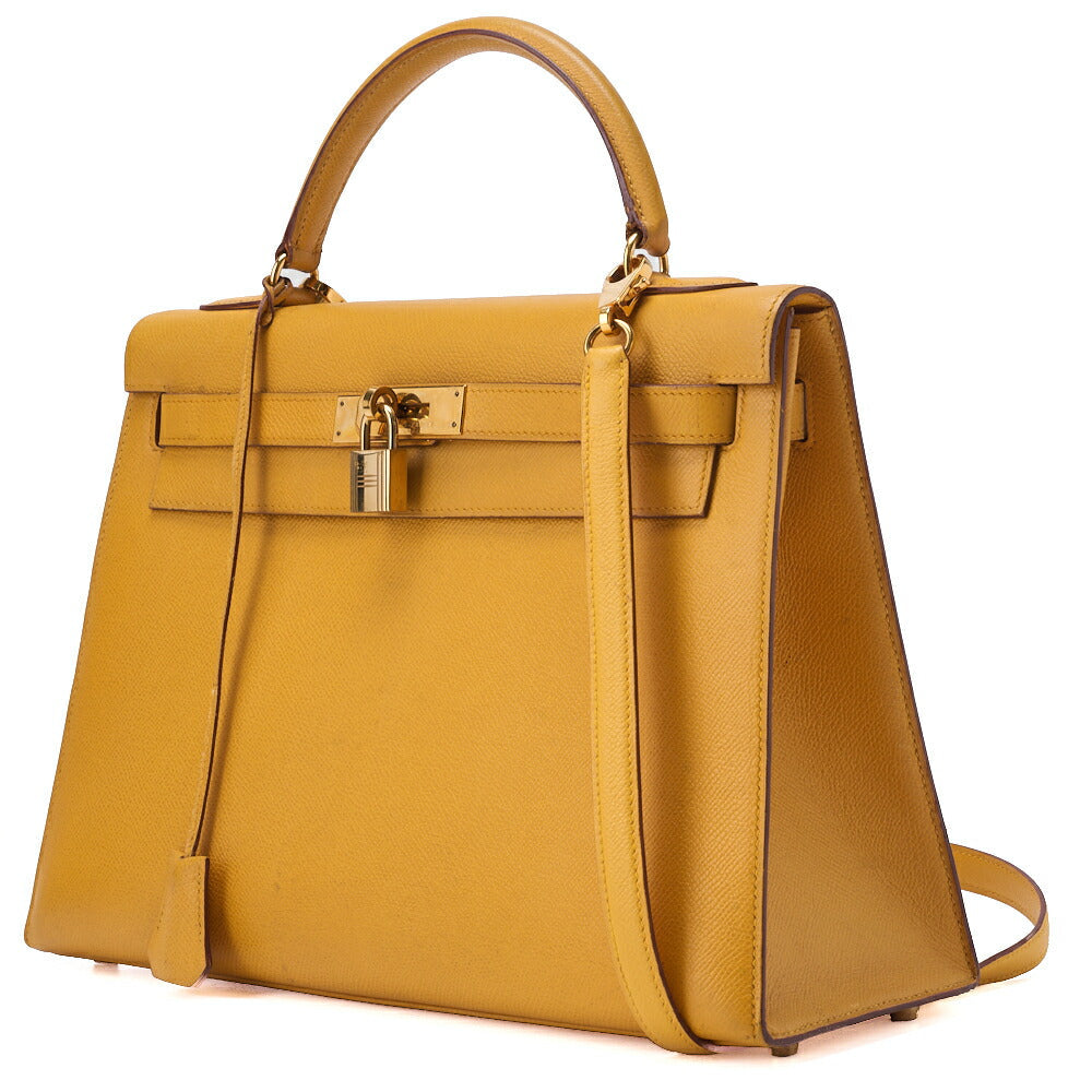 Pre-Owned Kelly 32 Handbag, Kushbel Yellow, Gold-Tone Hardware, Pre-Owned