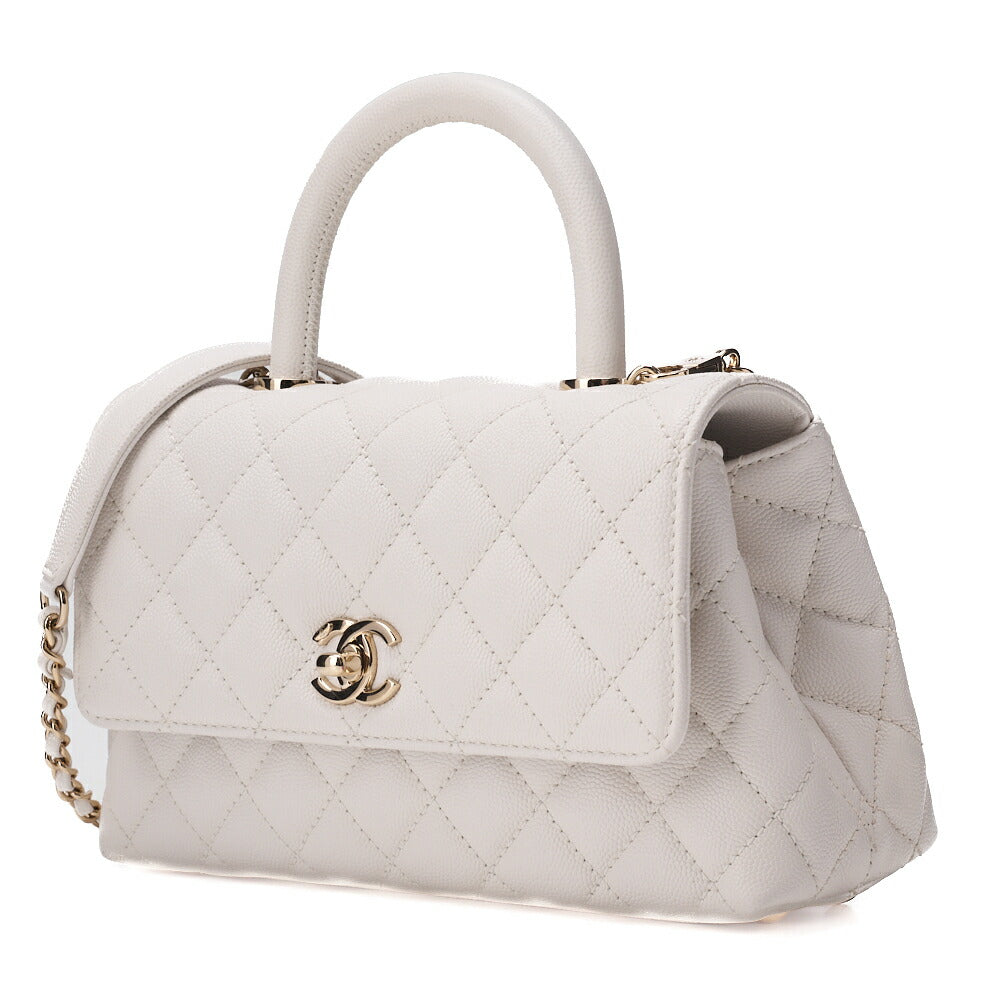 Sac à main d'occasion en cuir matelassé avec anse en coco, 2 voies, cuir caviar, blanc, finitions dorées.