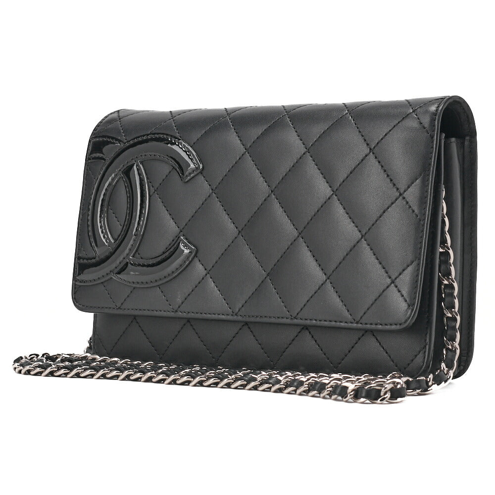 Pre-Owned Chain Wallet, Cambon Line, Calfskin, Black, Silver-Tone Hardware, Pre-Owned