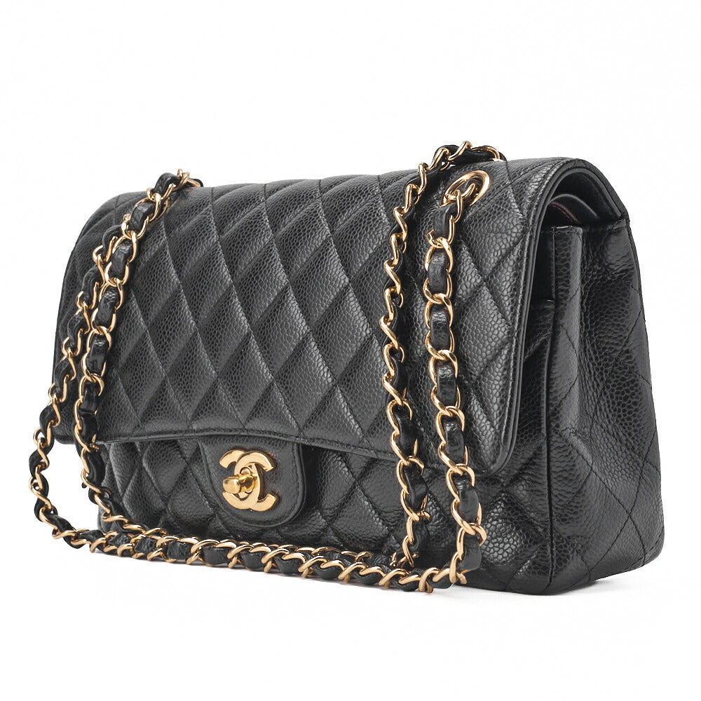 Sac bandoulière chaîne matelassé d'occasion, double rabat, cuir caviar noir, quincaillerie dorée.