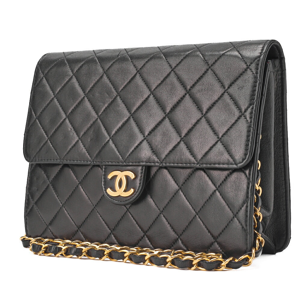 Sac bandoulière chaîne d'occasion en cuir d'agneau matelassé noir et métal doré.