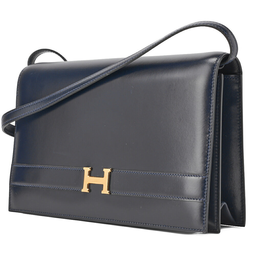Pre-Owned Shoulder Bag Annie Push Lock Box Calf Navy Gold-Tone Hardware Pre-Owned