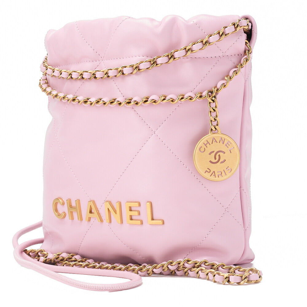 Pre-Owned 22 Mini Drawstring Chain Shoulder Bag, Calfskin, Pink, Gold-Tone Hardware, Pre-Owned