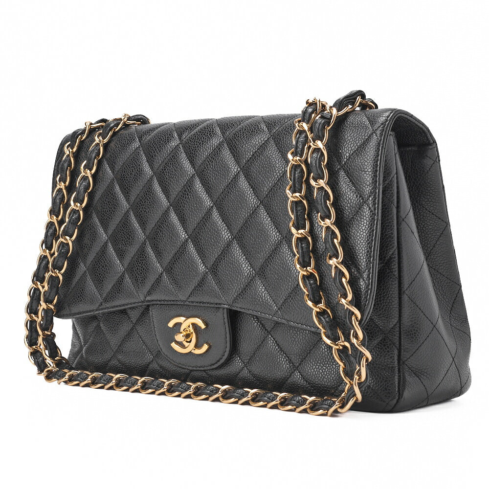 Sac à bandoulière chaîne d'occasion grand matelassé en cuir caviar noir et métal argenté